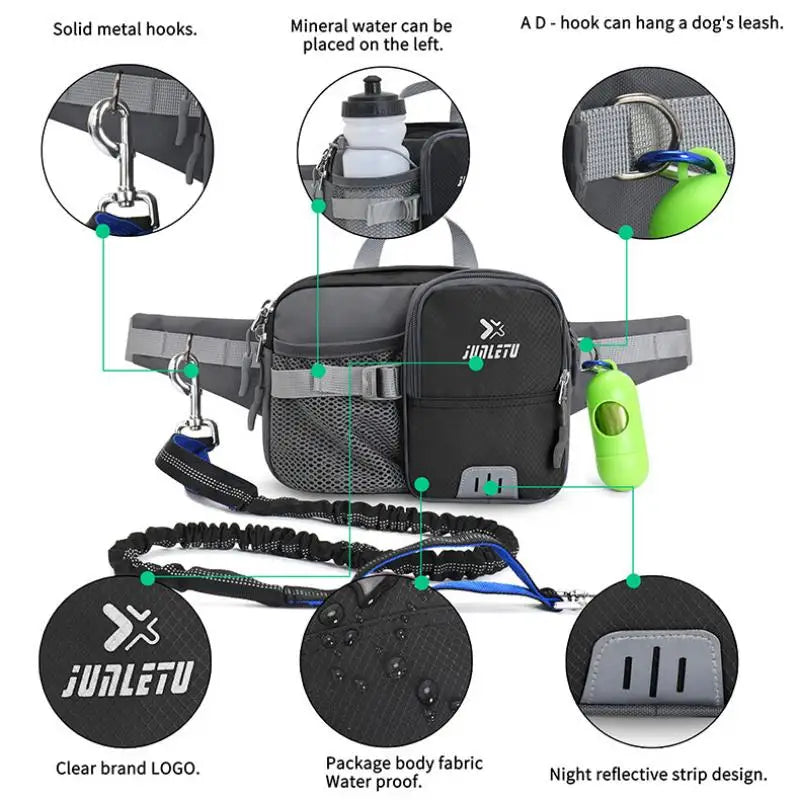 Retractable Hands Free Dog Leash with Adjustable Waist Bag Phone Pouch Water Bottle Holder Reflective for Running Walking