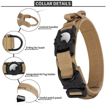 Tactical AirTag Dog Collar, with AirTag Holder and Handle Military Dog Metal Buckle Adjustable GPS Collar for Medium Large Dogs