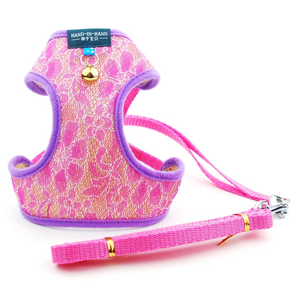 Dog Cat Lace Harness Vest Pet Products Adjustable with Bell Walking Lead Leash Puppy Polyester Mesh Harness for Small Medium Dog